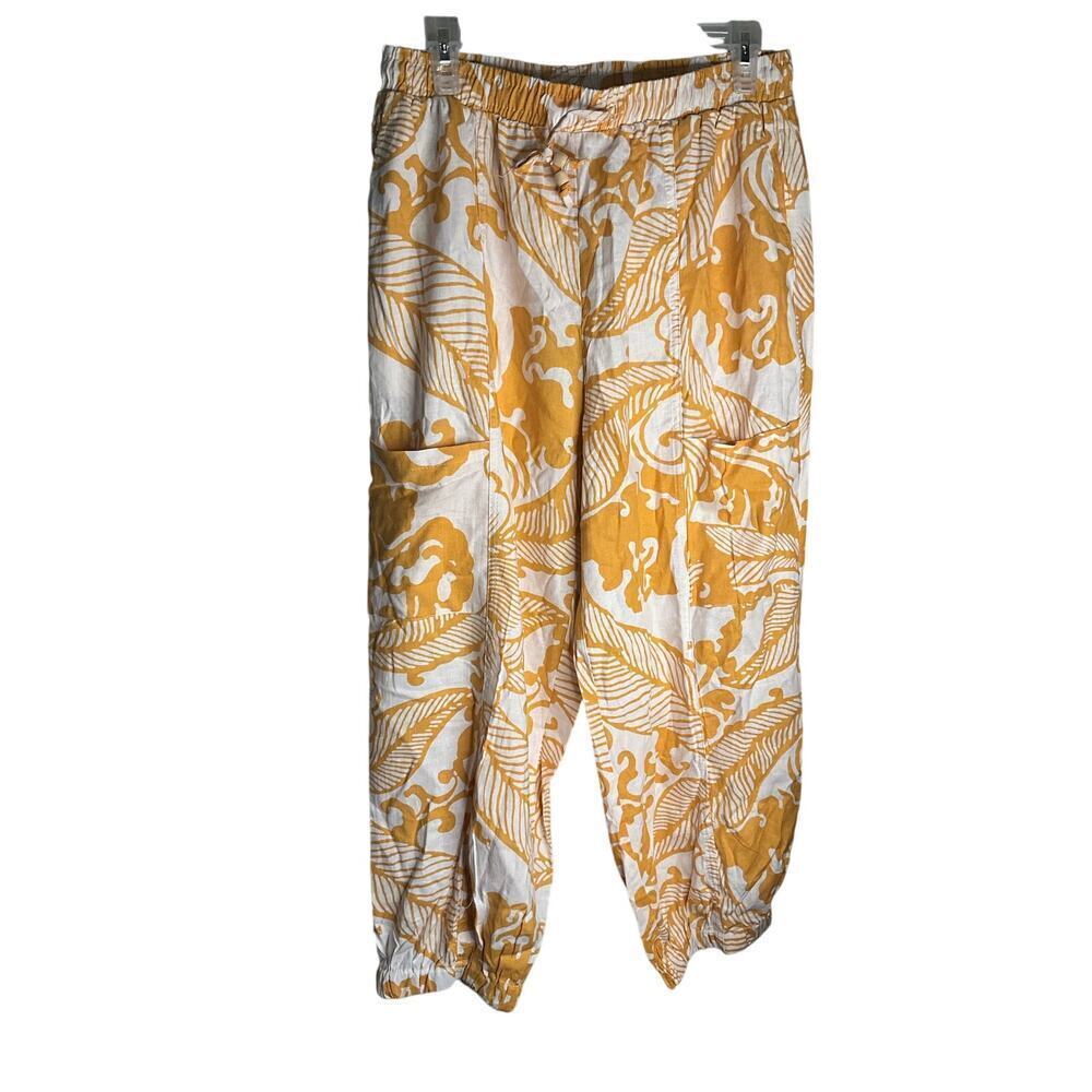Haute Hippie Linen Blend Pants Floral Elastic Waist Pull-On Yellow Womens Medium